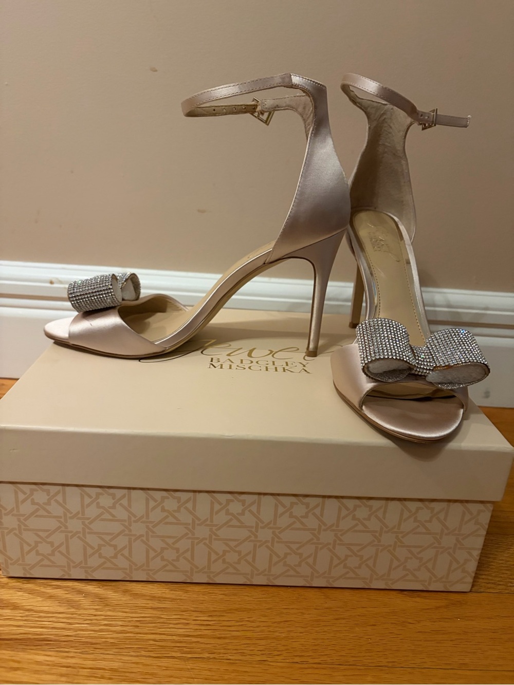 Jewel Badgley Mischka Champagne Satin Ankle-Strap Heels with Crystal Bow